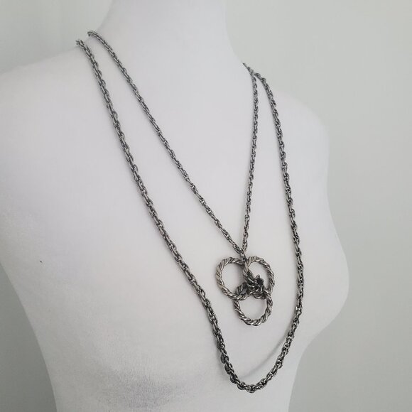 Vtg Long Double Rope Chain Cluster Pendant Necklace Purple Stone Flower Centre - Picture 3 of 5